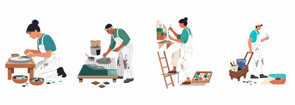 Flat vector illustration of professional mosaic artists and craftsmen working on various tiling projects and decorative art pieces.