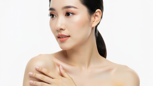 Radiant Skin and Serene Expression: A beautiful young woman with flawless, glowing skin and a gentle, introspective gaze touches her shoulder, highlighting her smooth complexion and delicate features.