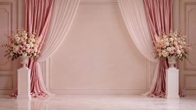 Elegant pink wedding backdrop with draped fabric, floral urns and empty center space for studio portrait composites or bridal photography.