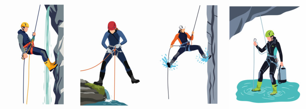 Set of canyoning and abseiling flat illustrations featuring adventurers rappelling down cliffs and exploring waterfalls in extreme outdoor sports.