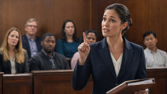 Female attorney argues before a judge and jury in a wood-paneled courtroom, raising one finger while holding case files during a trial presentation.