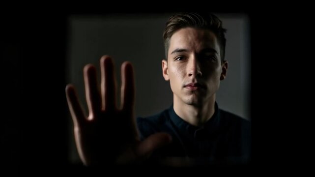Stop Sign: A serious young man with short brown hair and striking blue eyes, bathed in dramatic chiaroscuro lighting, holds his hand up in a clear gesture of 'stop'.