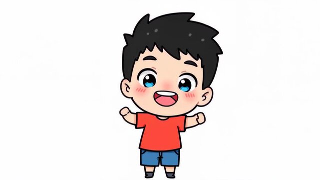 Chibi Boy Celebration: A cute, cartoon-style chibi boy with wide eyes and an open smile, wearing a red t-shirt and blue shorts, with arms raised in a joyous celebration.