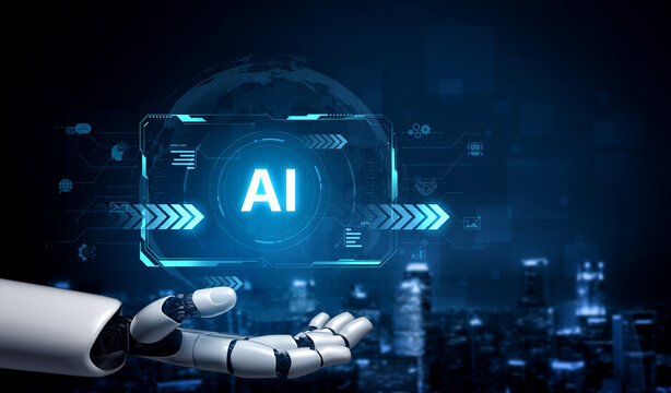 A self-aware AI assistant displays its central processing hub on a futuristic interface. This generative technology demonstrates its capabilities in machine learning and data analysis. Fermion