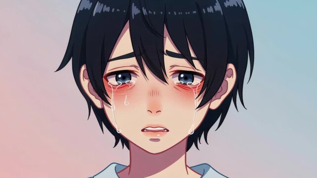 Heartbreak and Tears: A young man's face, rendered in anime style, shows deep sadness with tear-filled eyes and flushed cheeks, conveying profound emotional distress.