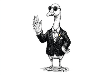 An anthropomorphic goose wearing a suit and sunglasses waves hello © MD JAHID13