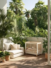 Fototapeta premium Nursery designed on garden terrace features a white crib and plenty of greenery with sunlight enhancing the space in the afternoon.