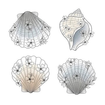Seashells decorated with delicate floral patterns are arranged in a collection for artistic design projects.