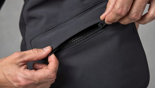 Medium shot featuring the installation of a hidden zipper on a waterproof jacket pocket focusing on seamless integration and concealed puller detail for sleek design.