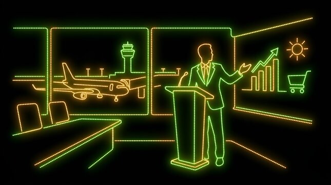 Speaker presenting aviation industry growth in neon style