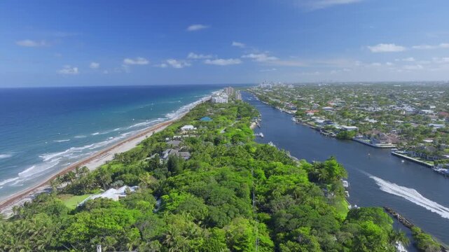 aerial drone view of Hillsboro Beach, Florida with city and ocean