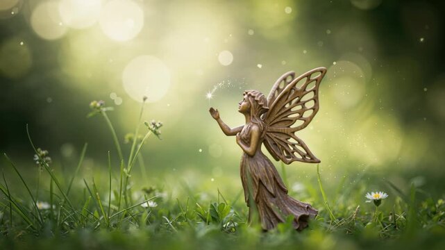 Enchanted Fairy in a Sun-Dappled Meadow: A tiny fairy with delicate wings stands in a lush green meadow, surrounded by wildflowers and sparkling dust motes, with a soft, dreamy bokeh background.