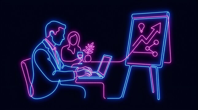 Businessman working on laptop with growth chart flipboard in neon