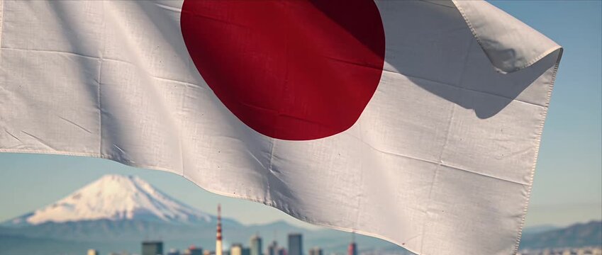 Japanese flag national flag with red circle on white fabric in wind near snow mountain city skyline and mount fuji urban landscape showing patriotism in clear blue sky