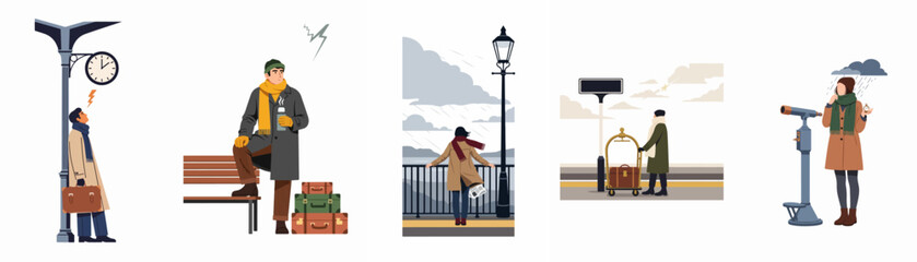 A set of flat illustrations depicting travelers in various outdoor settings, featuring themes of waiting, departure, and solitude with luggage and clocks. © Kha