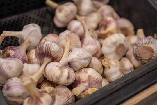 Close-up view of fresh unpeeled garlic bulbs packed in a black plastic crate on a supermarket display shelf, representing grocery retail and cooking ingredients.