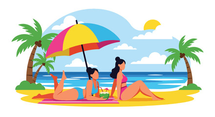 Obraz premium flat vector illustration of friends relaxing under beach umbrella with tropical drinks during summer vacation and travel holiday season