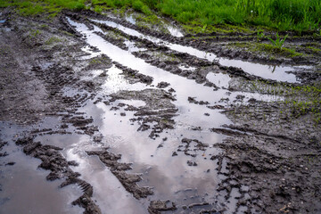 Naklejka premium Muddy country road with deep water puddles and tire tracks after heavy rain next to green grass field.