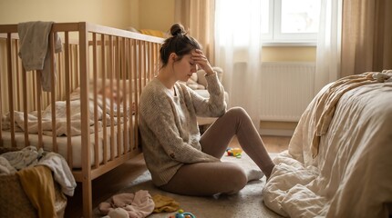 Obraz premium Depressed mother feeling alone and isolated sitting on nursery floor struggling with postnatal depression and grief