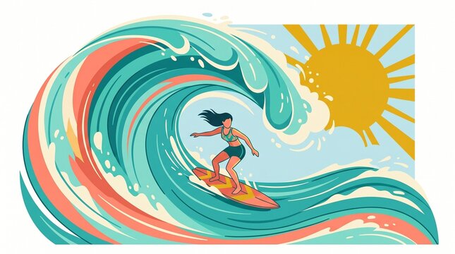 Female surfer riding a stylized ocean wave, flat vector illustration