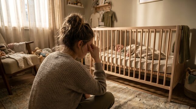 Weary and anxious mother holding head in hands struggling with mental illness stress and loneliness in baby room