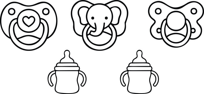 Line art set of three pacifiers and two sippy cups in black and white vector illustration