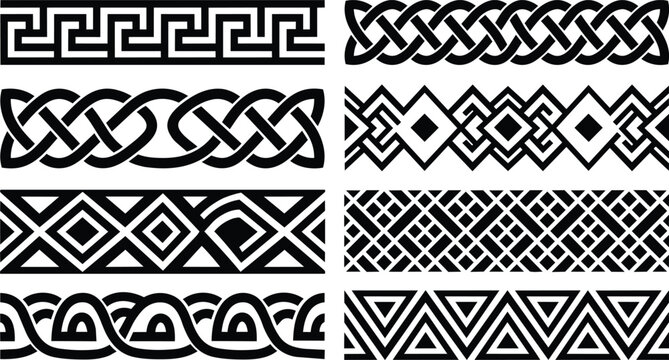 Tribal geometric border patterns set for vector design and seamless decorative borders