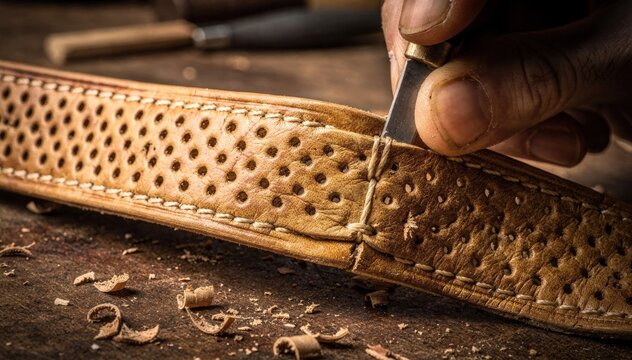 Closeup medium shot of perforated leather watch strap being skived and bent highlighting detailed handstitching along breathable holes in artisanal process.