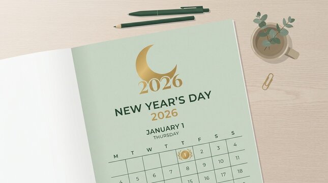 Open notebook with 2026 calendar and new year day marker