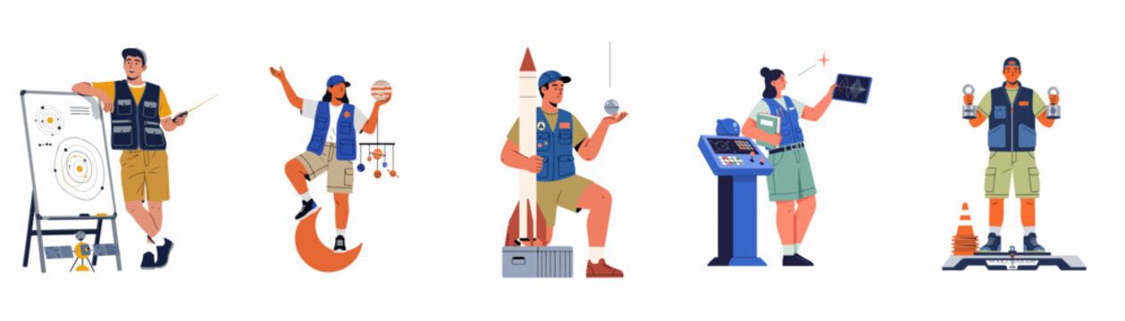 Set of science educators and students exploring space, astronomy, physics, and planetary science in a flat vector illustration style for educational purposes.