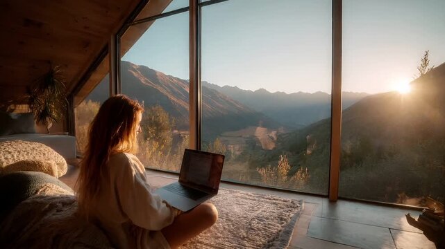 Female diversity. Human rights, equal opportunity concept. A woman sits on a plush, textured rug, intently focused on her laptop. She wears a lightcolored dress and her long hair flows down her back.