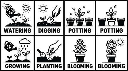 Obraz premium Gardening steps infographic showing watering digging potting planting and blooming sequence for beginners