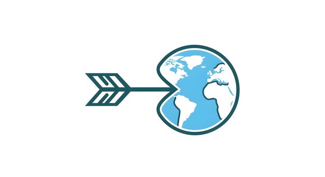 Dynamic arrow piercing a stylized blue globe, representing global connectivity, forward momentum, and sustainable international progress in a clean, modern vector design