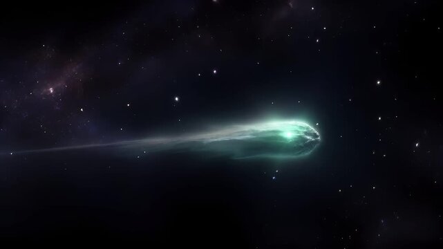 Space universe exploration, fantasy, mysterious. A vivid digital artwork depicts a cosmic scene. A luminous, ethereal object, resembling a comet or meteor, is the main subject.