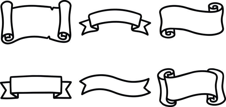 Vector art banners and ribbons line art set with scrolls