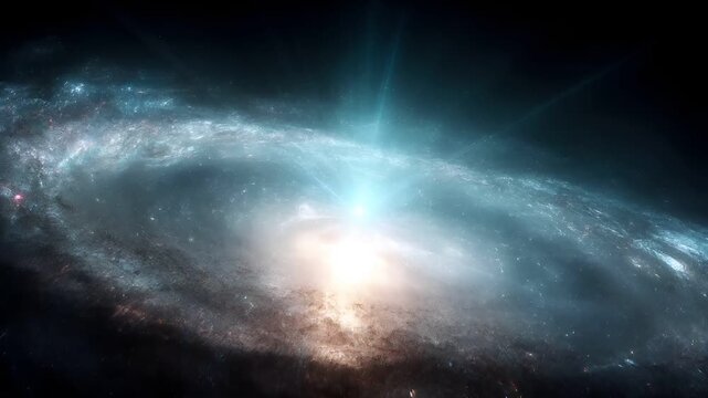 Space universe exploration, fantasy, mysterious. A vivid depiction of a cosmic scene depicts a spiral galaxy. The galaxy is illuminated by a bright, radiant light source emanating from its center.