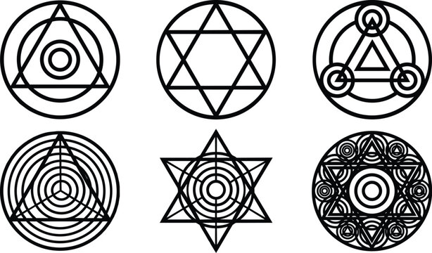 Geometric circle symbol set with overlapping triangles line art for vector design