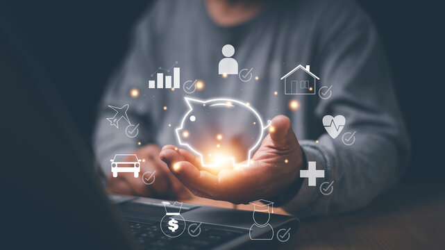 Financial protection concept. Man holding piggy bank with insurance planning, personal savings management, wealth security, life and health coverage, future financial planning and risk protection.