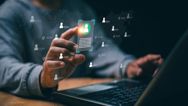 Digital identity management concept. User profile verification, global customer database, access authentication, account validation, secure onboarding and modern identity governance technology.