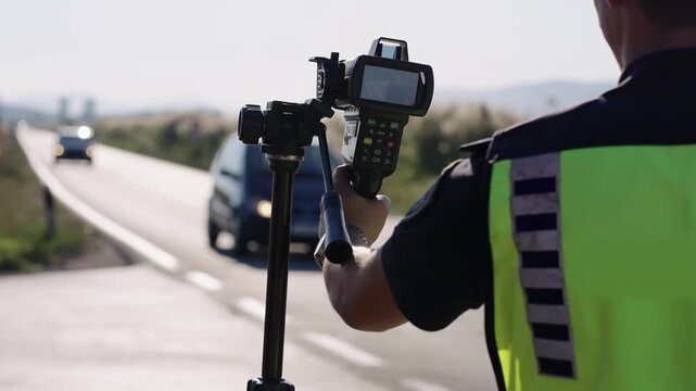 Police Officer Monitors Traffic Speed with Radar Gun on Rural Road