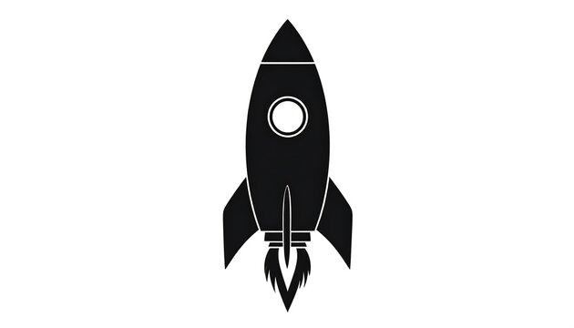 A simple, black rocket ship silhouette against a white background, complete with a circular window and flame
