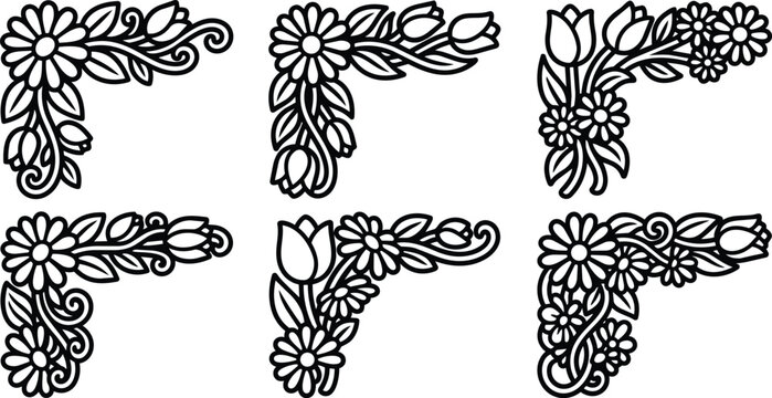 Ornamental floral corner letters set in vector line art for engraving projects