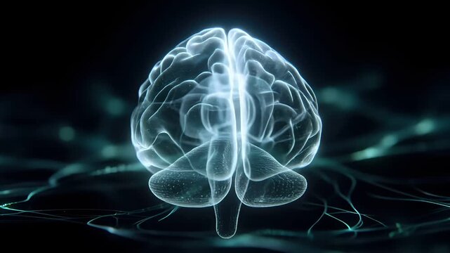 Artificial intelligence. Neuron network. A detailed, highresolution digital artwork of a human brain. The brain is rendered in a luminous blue hue.