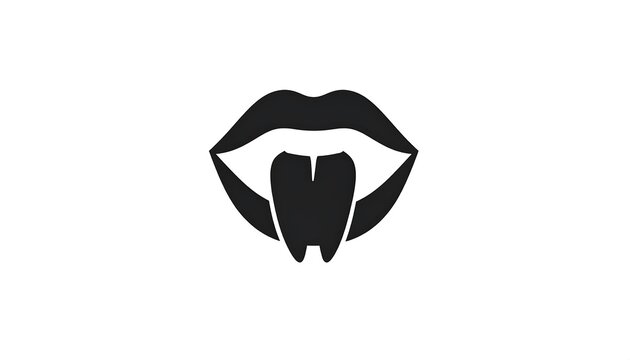 A simple, black-and-white graphic presents open lips with a tongue, and two prominent fangs. It has a minimalist design against white