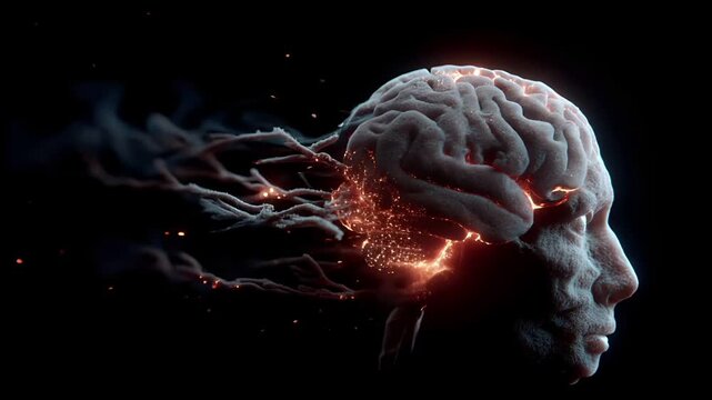 Artificial intelligence. Neuron network. A detailed, highresolution digital artwork depicts a human head and brain. The brain is intricately detailed.