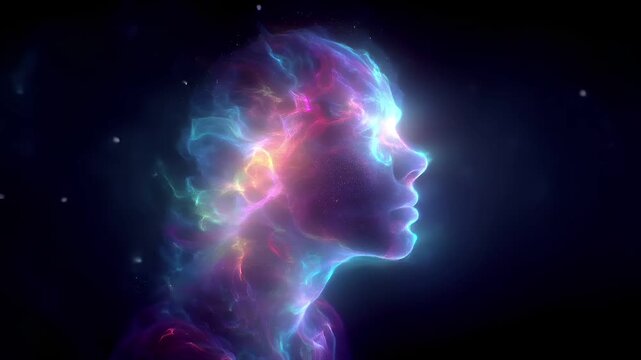 Artificial intelligence. Neuron network. A vivid digital artwork depicts a human head in profile, surrounded by a cosmic backdrop. The head is rendered in a blend of blue, pink, and purple hues.