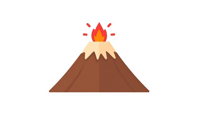 A simple, cartoon illustration of a volcano erupting, with a brown cone and a bright orange flame emanating from the top