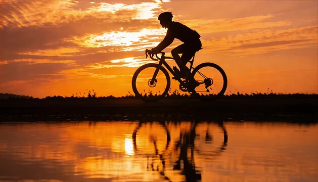 Sunset cyclist bicycle silhouette reflection water river sky nature fitness sport outdoor summer ride exercise speed motion travel commute healthy lifestyle leisure freedom journey adventure