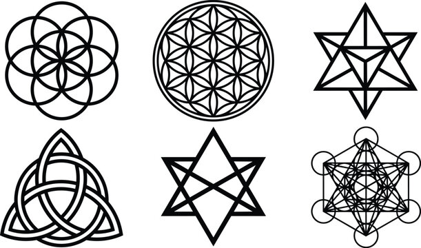 Sacred geometry vector set of six intricate shapes including flower of life and metatron cube