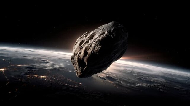 Space universe exploration, fantasy, mysterious. A vivid, highresolution digital artwork depicts an asteroid approaching Earth. The asteroid is the main subject, with its rugged.